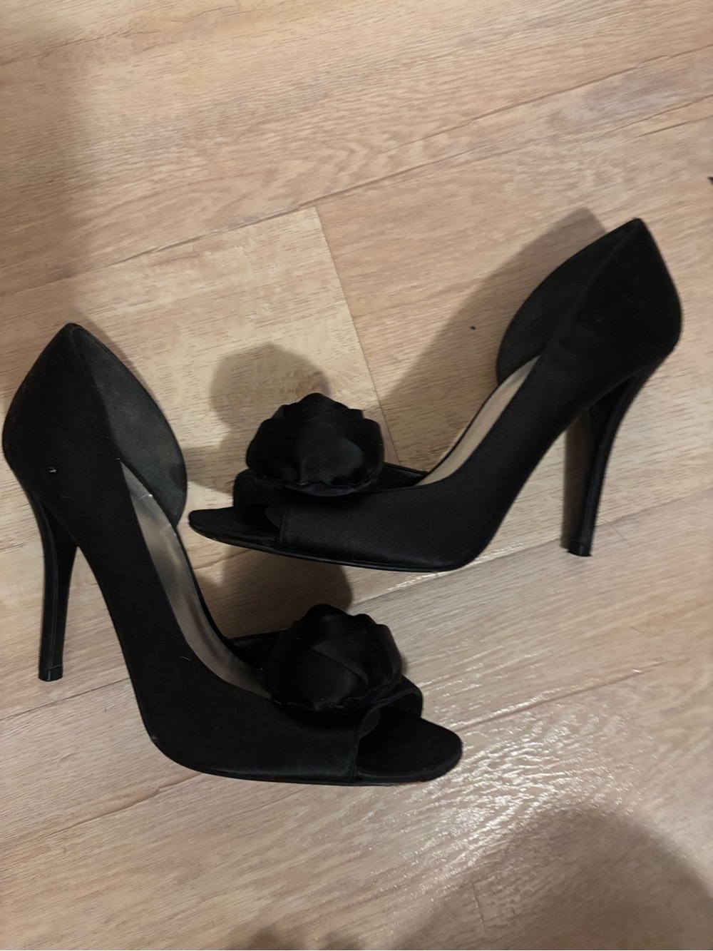 Stuart Weitzman Black Satin Peep-Toe Heels with Floral Detail